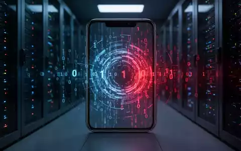 Abstraktes digitales Sicherheitsrisiko mit leuchtendem Binärcode auf einem Smartphone in einem dunklen Serverraum. - Foto: über boerse-global.de