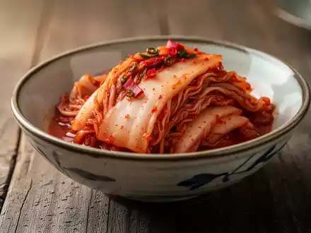 Eine Nahaufnahme von Kimchi in einer traditionellen Keramikschale auf einem rustikalen Holztisch. - Foto: über boerse-global.de