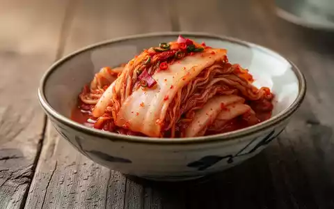 Eine Nahaufnahme von Kimchi in einer traditionellen Keramikschale auf einem rustikalen Holztisch. - Foto: über boerse-global.de