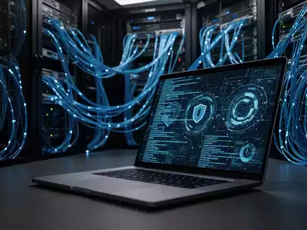 Ein Laptop-Bildschirm mit abstraktem Programmcode in einem professionellen Serverraum mit blau beleuchteten Racks. - Foto: über boerse-global.de