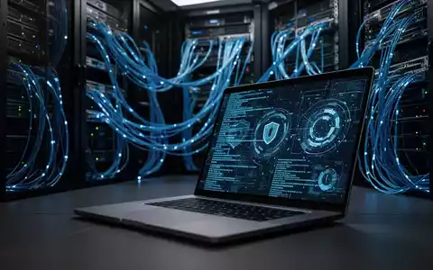 Ein Laptop-Bildschirm mit abstraktem Programmcode in einem professionellen Serverraum mit blau beleuchteten Racks. - Foto: über boerse-global.de