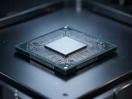 Nahaufnahme eines modernen Computerprozessorchips auf einer metallischen Oberfläche, die Apples Silizium-Hardwareentwicklung repräsentiert. - Foto: über boerse-global.de