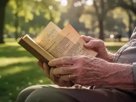 Ältere Person liest konzentriert in einem Buch in einer Parkumgebung, symbolisch für kognitive Fitness durch analoge Methoden. - Foto: über boerse-global.de