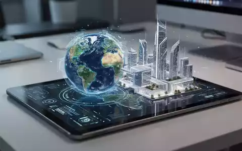 Tablet-Bildschirm zeigt 3D-Digitalkarte, die von KI in futuristische Architekturvisualisierung verwandelt wird. - Foto: über boerse-global.de