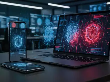 Smartphone und Laptop mit abstrakten digitalen Sicherheitsdaten in einer modernen Cyber-Security-Umgebung. - Foto: über boerse-global.de