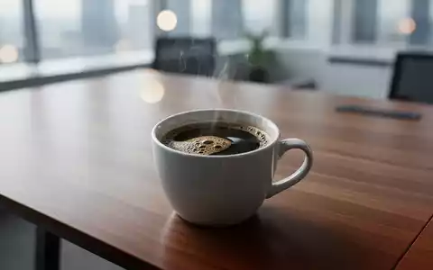 Eine dampfende Tasse schwarzer Kaffee auf einem modernen Holztisch in einer hellen, professionellen Büroumgebung. - Foto: über boerse-global.de