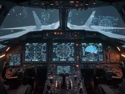 Modernes Kampfjet-Cockpit mit digitalen Flugdisplays und leuchtenden holografischen Bedienfeldern. - Foto: über boerse-global.de