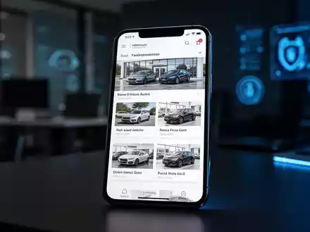 Smartphone-Display mit Fahrzeuganzeigen auf einer Autohändler-Website vor einem dunklen, digitalen Hintergrund. - Foto: über boerse-global.de