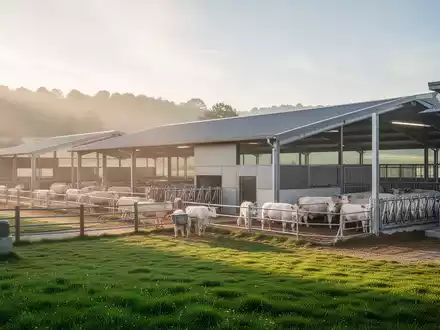 Moderner landwirtschaftlicher Betrieb mit Fokus auf nachhaltige Tierhaltung und Stallumbauten bei Tageslicht. - Foto: über boerse-global.de