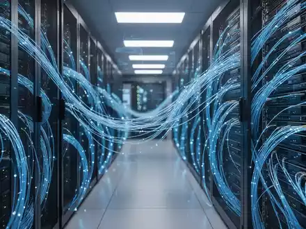 Moderner Serverraum mit leuchtend blauen Glasfaserkabeln, die Cloud-Datensicherheit darstellen. - Foto: über boerse-global.de