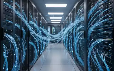 Moderner Serverraum mit leuchtend blauen Glasfaserkabeln, die Cloud-Datensicherheit darstellen. - Foto: über boerse-global.de