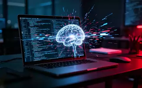 Digitale Darstellung eines Computerbildschirms mit leuchtender KI-Oberfläche und glitchartigem Code, der eine Sicherheitslücke darstellt. - Foto: über boerse-global.de
