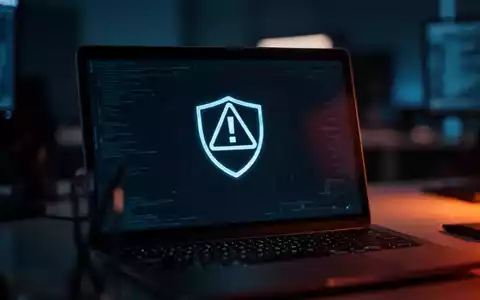 Symbolische Darstellung von Cybersicherheit mit einem verschwommenen Laptop und Warnsymbol in einem dunklen Büro. - Foto: über boerse-global.de
