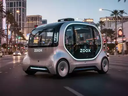 Ein futuristisches Zoox-Robotaxi fährt auf einer Straße in Las Vegas. - Foto: über boerse-global.de