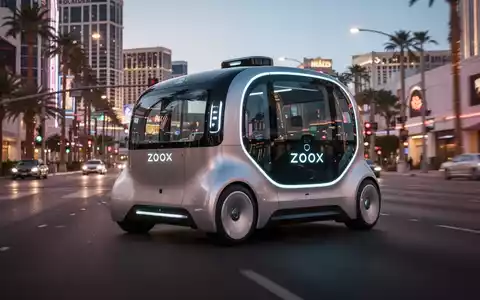Ein futuristisches Zoox-Robotaxi fährt auf einer Straße in Las Vegas. - Foto: über boerse-global.de