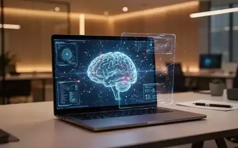 Ein moderner Laptop zeigt eine abstrakte KI-Oberfläche in einem professionellen Büro. - Foto: über boerse-global.de