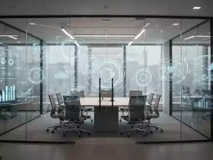 Modernes Firmenbüro mit digitaler Oberfläche und Datenvisualisierungen für Kollaborationssoftware. - Foto: über boerse-global.de