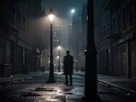 Dunkle nächtliche Straßenszene in einem Wohngebiet mit dramatischem Licht und Schatten. - Foto: über boerse-global.de