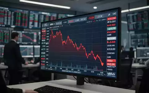 Digitaler Börsenmonitor mit einem abfallenden roten Liniendiagramm vor einem unscharfen Handelsplatz. - Foto: über boerse-global.de