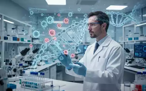 Wissenschaftler im Labor betrachtet eine holografische Darstellung von DNA-Strängen und biologischen Alterungsmarkern. - Foto: über boerse-global.de