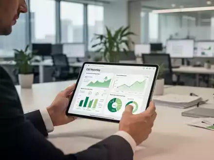 Ein Geschäftsberater analysiert Nachhaltigkeitsdaten und Emissionsberichte auf einem Tablet im modernen Büro. - Foto: über boerse-global.de