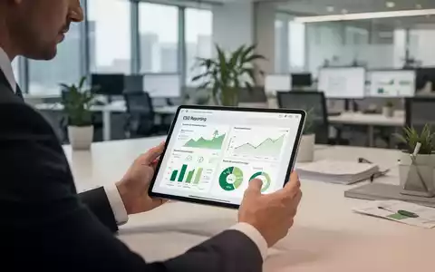 Ein Geschäftsberater analysiert Nachhaltigkeitsdaten und Emissionsberichte auf einem Tablet im modernen Büro. - Foto: über boerse-global.de