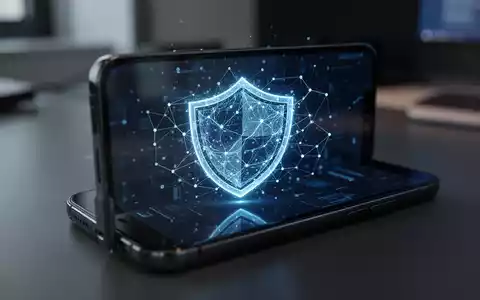 Ein modernes Smartphone zeigt ein digitales Schutzschild-Symbol mit neuronalen Netzwerk-Strukturen als Metapher für KI-gestützte Cybersicherheit. - Foto: über boerse-global.de