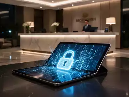 Digitales Tablet in einer Hotellobby mit leuchtendem Vorhängeschloss-Symbol und Binärcode, das einen Cybersicherheitsvorfall symbolisiert. - Foto: über boerse-global.de