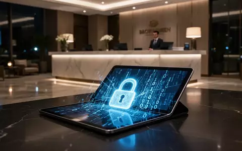 Digitales Tablet in einer Hotellobby mit leuchtendem Vorhängeschloss-Symbol und Binärcode, das einen Cybersicherheitsvorfall symbolisiert. - Foto: über boerse-global.de