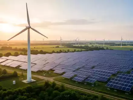 Windkraftanlage und Solarpark in einer grünen Landschaft bei Sonnenuntergang als Symbol für erneuerbare Energien. - Foto: über boerse-global.de