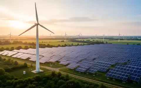 Windkraftanlage und Solarpark in einer grünen Landschaft bei Sonnenuntergang als Symbol für erneuerbare Energien. - Foto: über boerse-global.de