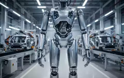 Ein fortschrittlicher humanoider Roboter in einer modernen Tesla-Fabrik vor einer automatisierten Produktionslinie. - Foto: über boerse-global.de