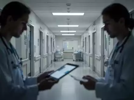 Moderner Krankenhausflur mit unscharfer Silhouette einer medizinischen Fachkraft vor einem Tablet. - Foto: über boerse-global.de