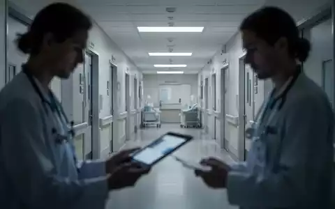 Moderner Krankenhausflur mit unscharfer Silhouette einer medizinischen Fachkraft vor einem Tablet. - Foto: über boerse-global.de