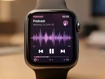 Nahaufnahme einer Smartwatch mit Podcast-Player-Oberfläche, Wiedergabesteuerung und Audiowellenformen. - Foto: über boerse-global.de