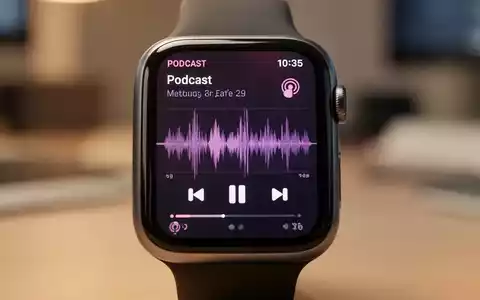 Nahaufnahme einer Smartwatch mit Podcast-Player-OberflĂ€che, Wiedergabesteuerung und Audiowellenformen. - Foto: ĂŒber boerse-global.de