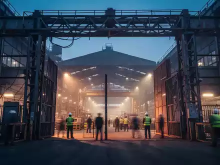 Industrielle Fabrikfassade eines Automobilwerks bei Dämmerung mit angedeuteten Arbeitern im Hintergrund. - Foto: über boerse-global.de