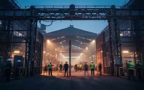 Industrielle Fabrikfassade eines Automobilwerks bei Dämmerung mit angedeuteten Arbeitern im Hintergrund. - Foto: über boerse-global.de