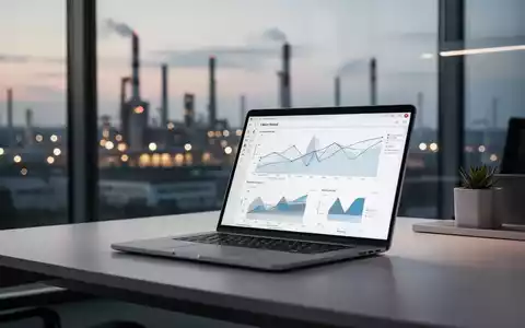Ein moderner Schreibtisch mit Laptop vor einem unscharfen industriellen Hintergrund, der den deutschen Arbeitsmarkt symbolisiert. - Foto: über boerse-global.de