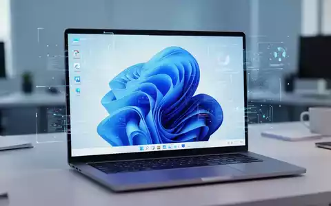 Ein moderner Laptop mit Windows 11 Benutzeroberfläche und digitalen Daten-Overlays in einer professionellen Büroumgebung. - Foto: über boerse-global.de