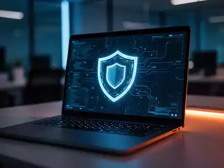 Ein beleuchteter Laptop in einem modernen Büro zeigt ein digitales Schutzschild-Symbol als Zeichen für Cybersicherheit. - Foto: über boerse-global.de