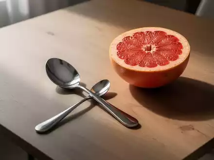 Ein polierter Grapefruitlöffel liegt neben einer halbierten Grapefruit auf einem minimalistischen Holztisch. - Foto: über boerse-global.de