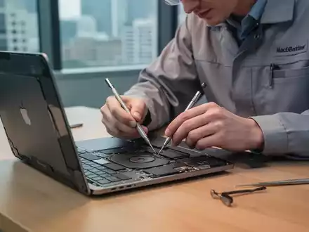 Ein Techniker führt eine professionelle Vor-Ort-Reparatur an einem MacBook an einem modernen Schreibtisch durch. - Foto: über boerse-global.de