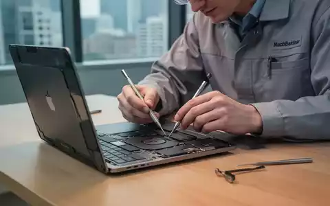 Ein Techniker führt eine professionelle Vor-Ort-Reparatur an einem MacBook an einem modernen Schreibtisch durch. - Foto: über boerse-global.de