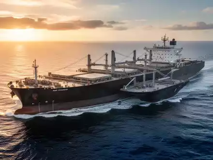 Ein moderner Massengutfrachter auf offener See bei Sonnenuntergang. - Foto: über boerse-global.de