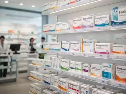 Moderne Inneneinrichtung einer Apotheke mit Medikamentenpackungen in einem professionellen, hellen Ambiente. - Foto: über boerse-global.de