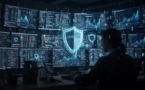 Digitale Sicherheitsumgebung mit leuchtenden Datenströmen und abstrakten Codesymbolen in einem Finanz-Rechenzentrum. - Foto: über boerse-global.de