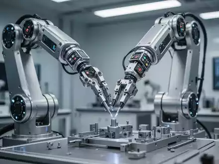Nahaufnahme eines hochtechnologischen humanoiden Roboterarms in einem modernen Labor, der fortschrittliche KI-Robotik repräsentiert. - Foto: über boerse-global.de