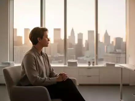 Eine nachdenkliche Person schaut aus einem hellen Bürofenster auf eine Stadt bei Sonnenuntergang, Symbol für berufliche Neuorientierung. - Foto: über boerse-global.de