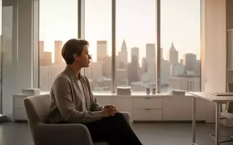 Eine nachdenkliche Person schaut aus einem hellen Bürofenster auf eine Stadt bei Sonnenuntergang, Symbol für berufliche Neuorientierung. - Foto: über boerse-global.de
